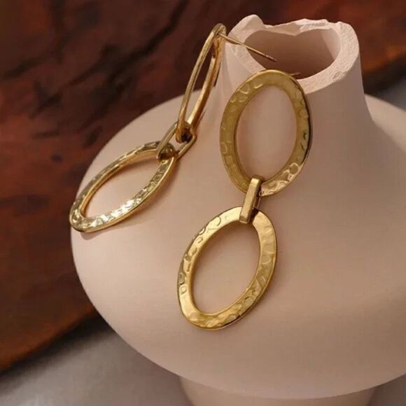 New Gold Oval Hoop Dangle Drop Earrings - Picture 2 of 9